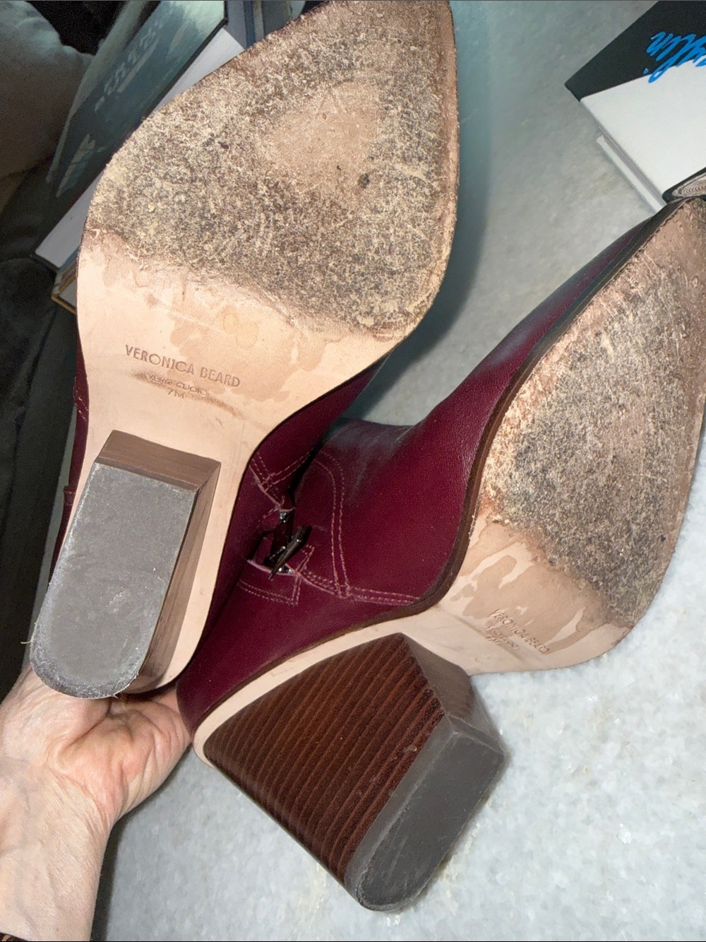 Veronica Beard Burgundy Pointed-Toe Leather Mid-Calf Boots - Picture 7 of 9